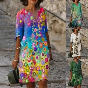2023 Women Printing Dress Summer V-Neck Half Sleeve A-Line Dresses Female Retro Litera Vintage Loose Dress